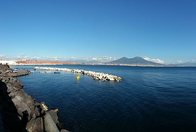 Scenic view of sea against clear blue sky