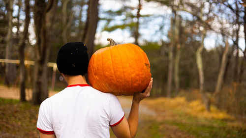 Rear view of man holding pumpkin