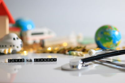 Close-up of text on table