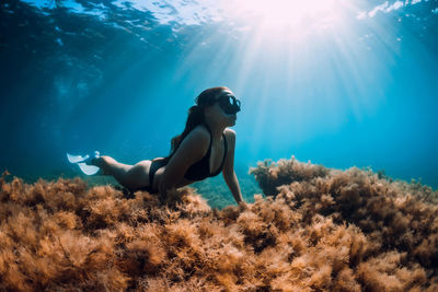 Rear view of woman swimming in sea