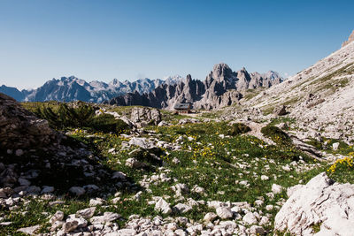 Scenic view of snowcapped mountains against clear sky