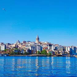 Buildings in city against blue sky