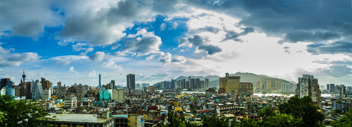 Panoramic view of city buildings against sky