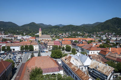 High angle view of townscape against clear sky