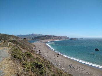 High angle view of beach against clear blue sky