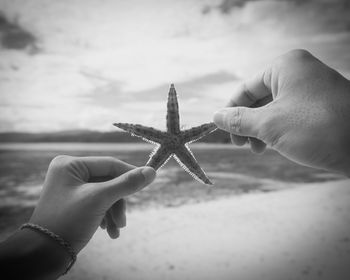 Close-up of woman hand holding sea against sky