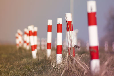 Surface level of poles on landscape against clear sky