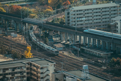 High angle view of railroad tracks in city