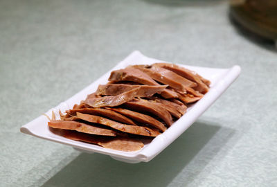 High angle view of bread in plate on table