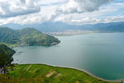 Scenic view of sea and mountains against sky