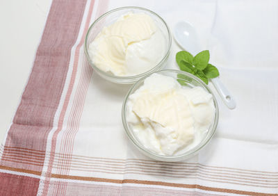 High angle view of ice cream in bowl on table