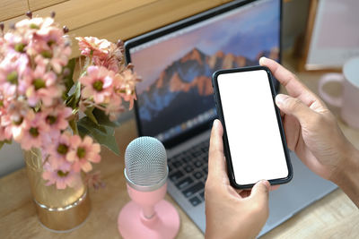 Cropped hand of woman using mobile phone