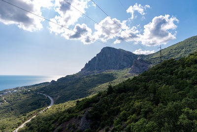 Scenic view of sea and mountains against sky