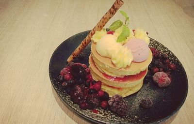 High angle view of dessert in plate on table