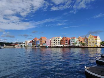 View of buildings by sea against cloudy sky