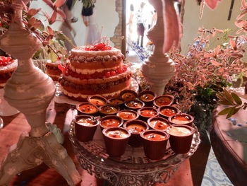 Close-up of cake served on table