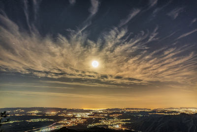 Aerial view of cityscape against sky during sunset