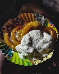 High angle view of dessert in plate on table