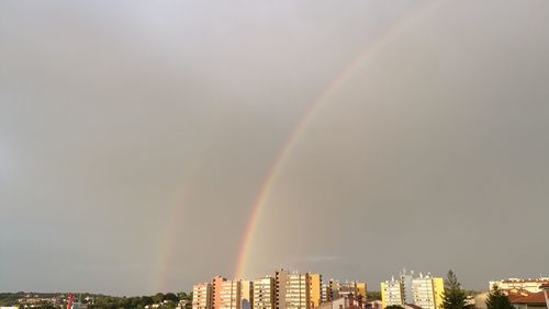 Rainbow over city buildings against sky