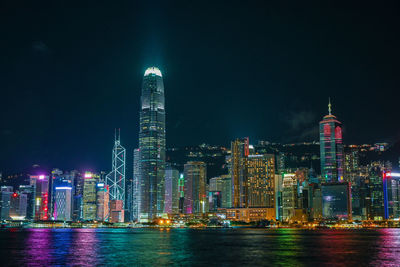 Illuminated buildings in city at night