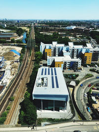 High angle view of road amidst buildings in city