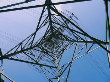 Low angle view of electricity pylon against sky