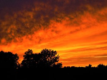 Low angle view of silhouette trees against dramatic sky