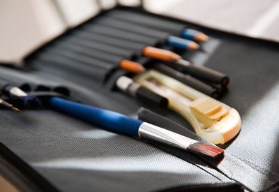 High angle view of colored pencils on table