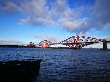 Bridge over calm river against cloudy sky