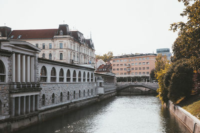Bridge over canal amidst buildings against clear sky