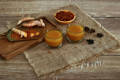 High angle view of breakfast on table