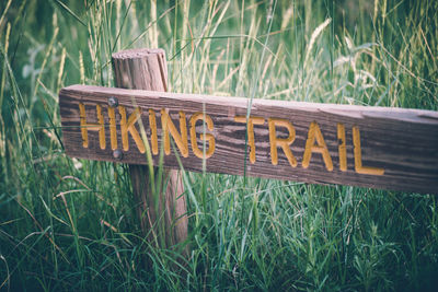 View of wooden hiking trail sign by grass