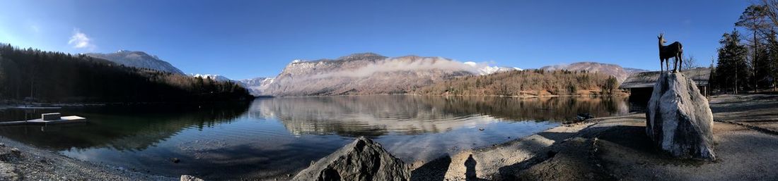 Panoramic view of lake and mountains against sky