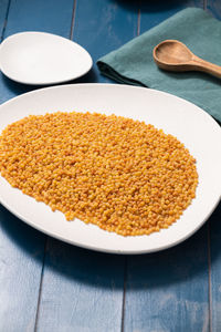 High angle view of food in plate on table