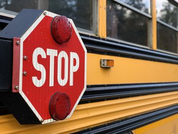 Close-up of stop sign on school bus in tofino vancouver island 