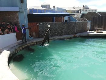 People in swimming pool against buildings in city