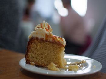 Close-up of cake in plate on table