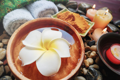 High angle view of beauty products on table