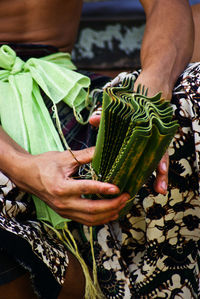 Midsection of man holding leaf