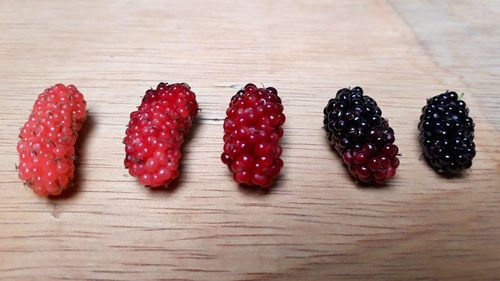 High angle view of strawberries on table