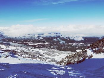 Scenic view of snow covered mountains against sky