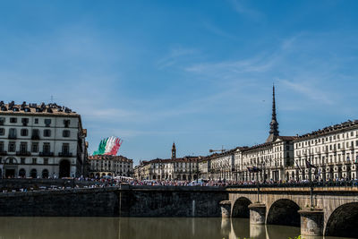 The italian tricolour arrows make a show in the sky of turin for the coronavirus on may 2020