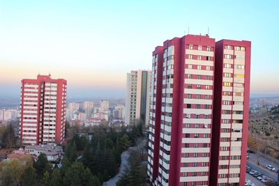 Panoramic view of city against clear sky during sunset