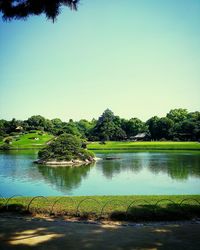 Scenic view of lake against clear sky