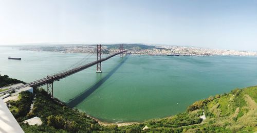 High angle view of bay against clear sky