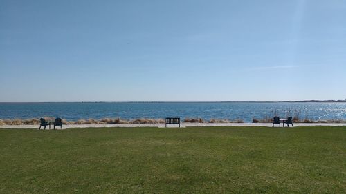 Scenic view of grassy field at waterfront against clear blue sky