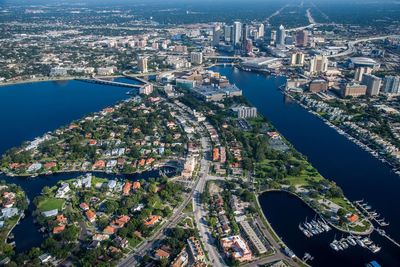 High angle view of city at riverbank