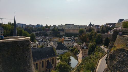 High angle view of buildings in town against sky