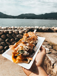 Cropped image of person holding food at sea shore