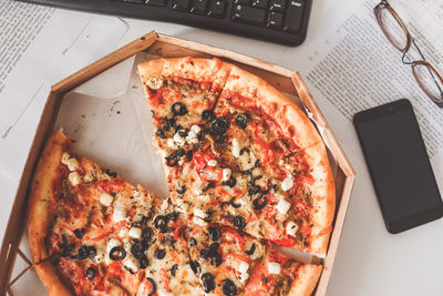 High angle view of pizza on table